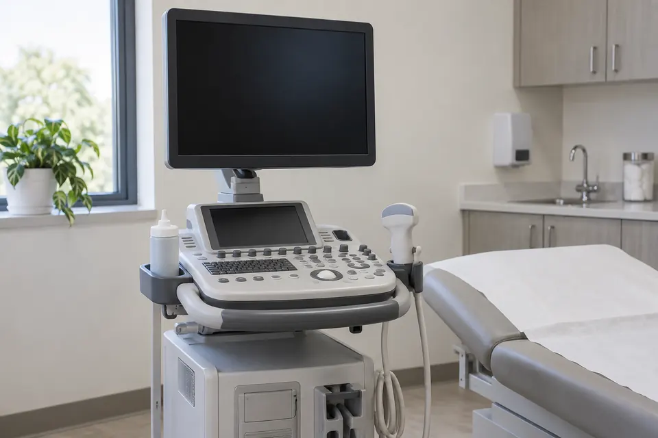 Illustrative unbranded ultrasound console with a dark monitor and probe in its holder.